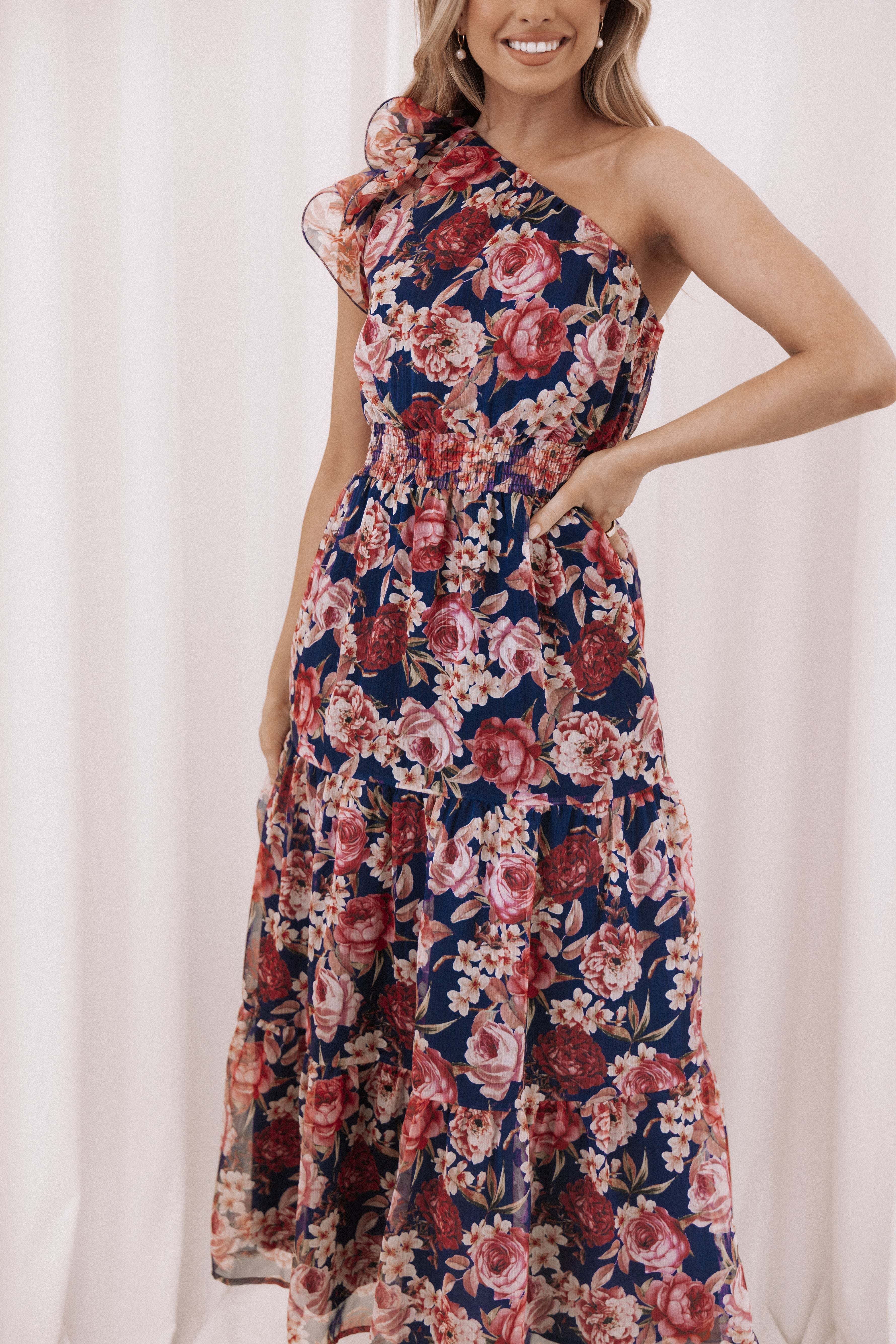 Layley One Shoulder Maxi Dress - Navy Floral - XL - Image 34