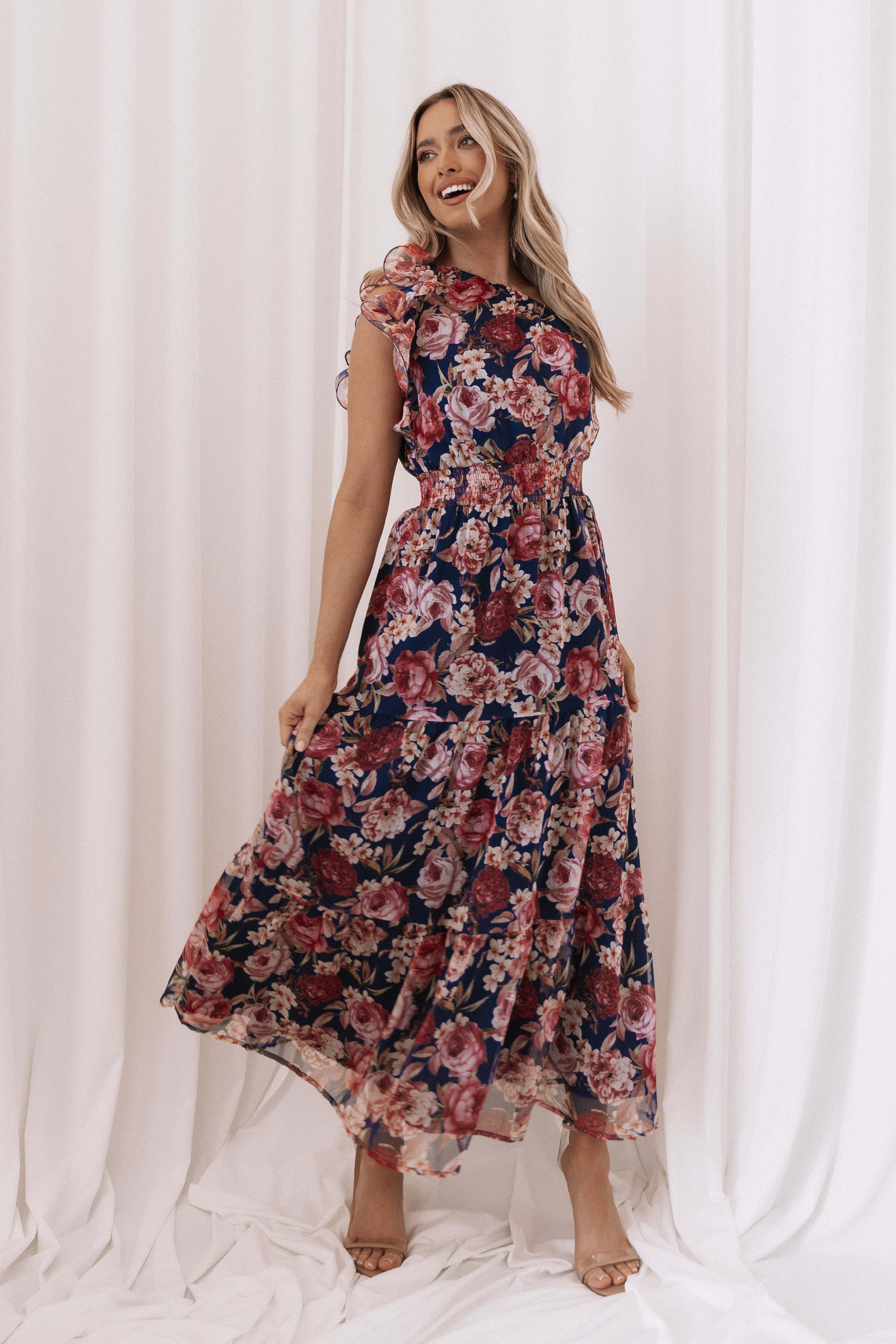 Layley One Shoulder Maxi Dress - Navy Floral - XL - Image 40