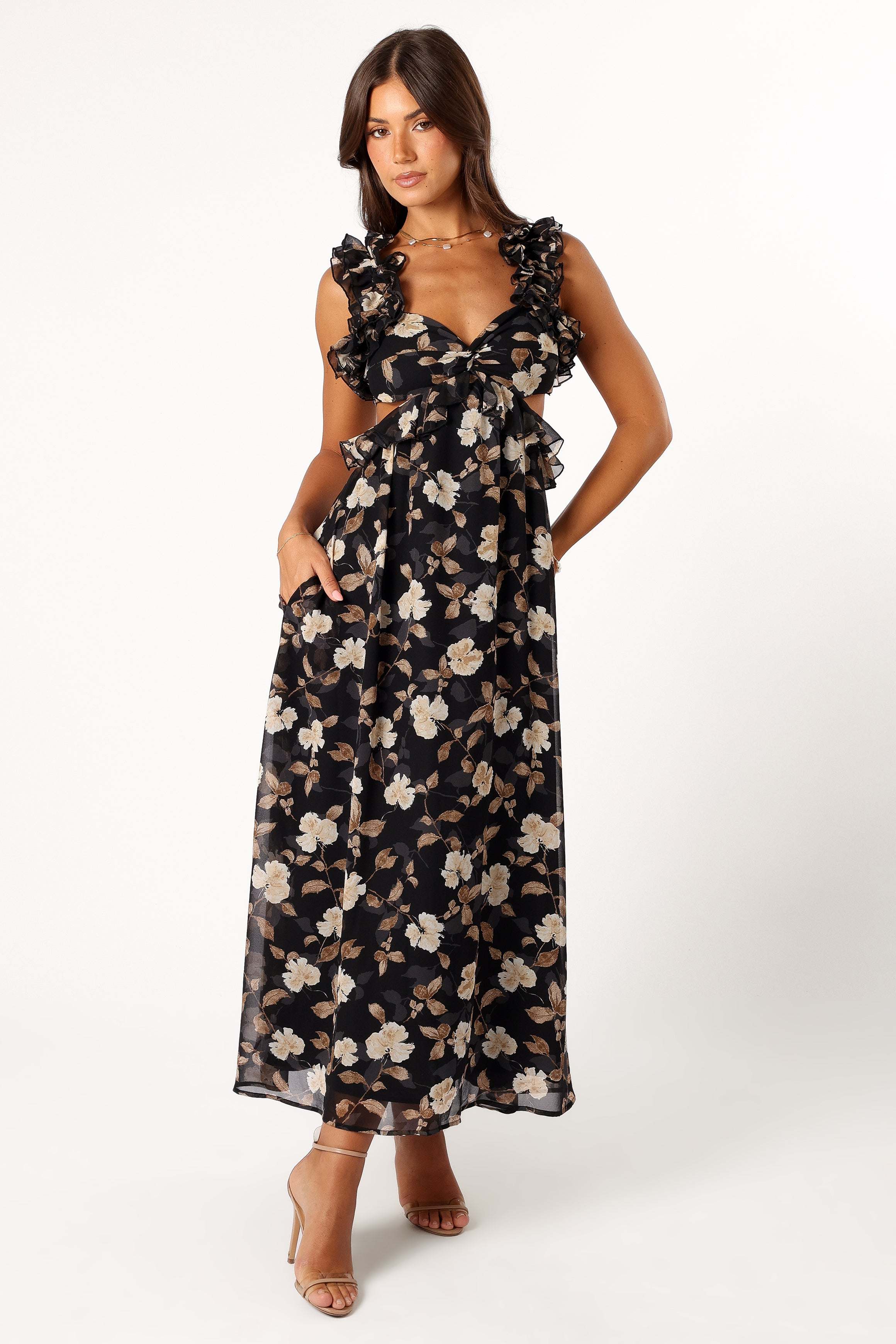 Lucah Frill Shoulder Maxi Dress - Black Floral - XL - Image 33