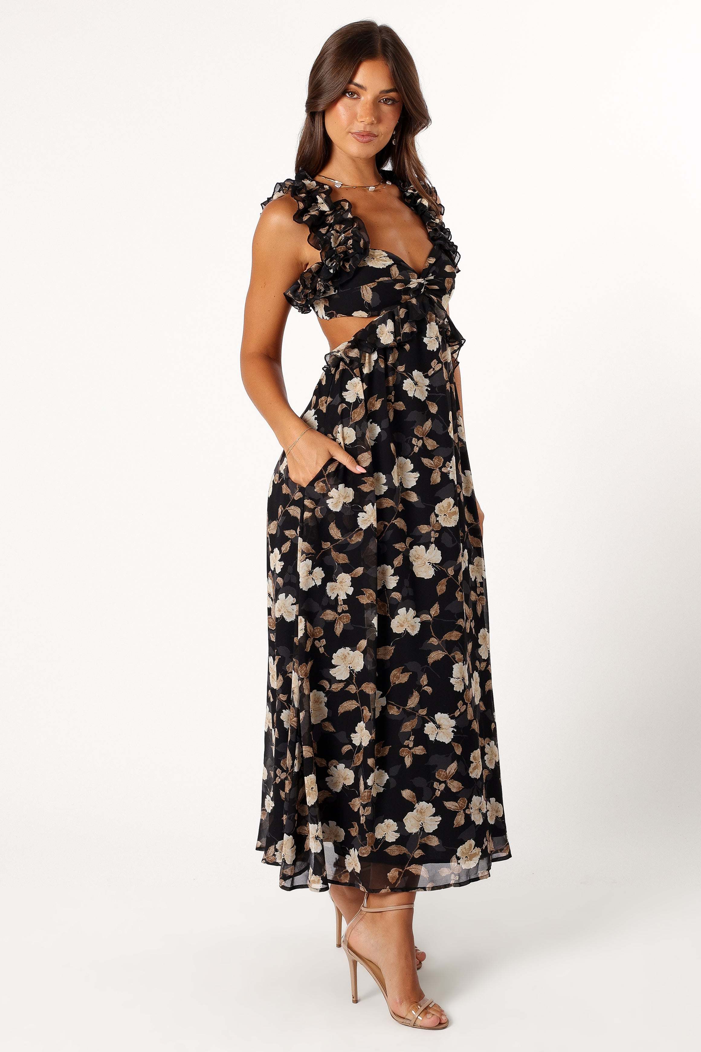 Lucah Frill Shoulder Maxi Dress - Black Floral - XL - Image 38