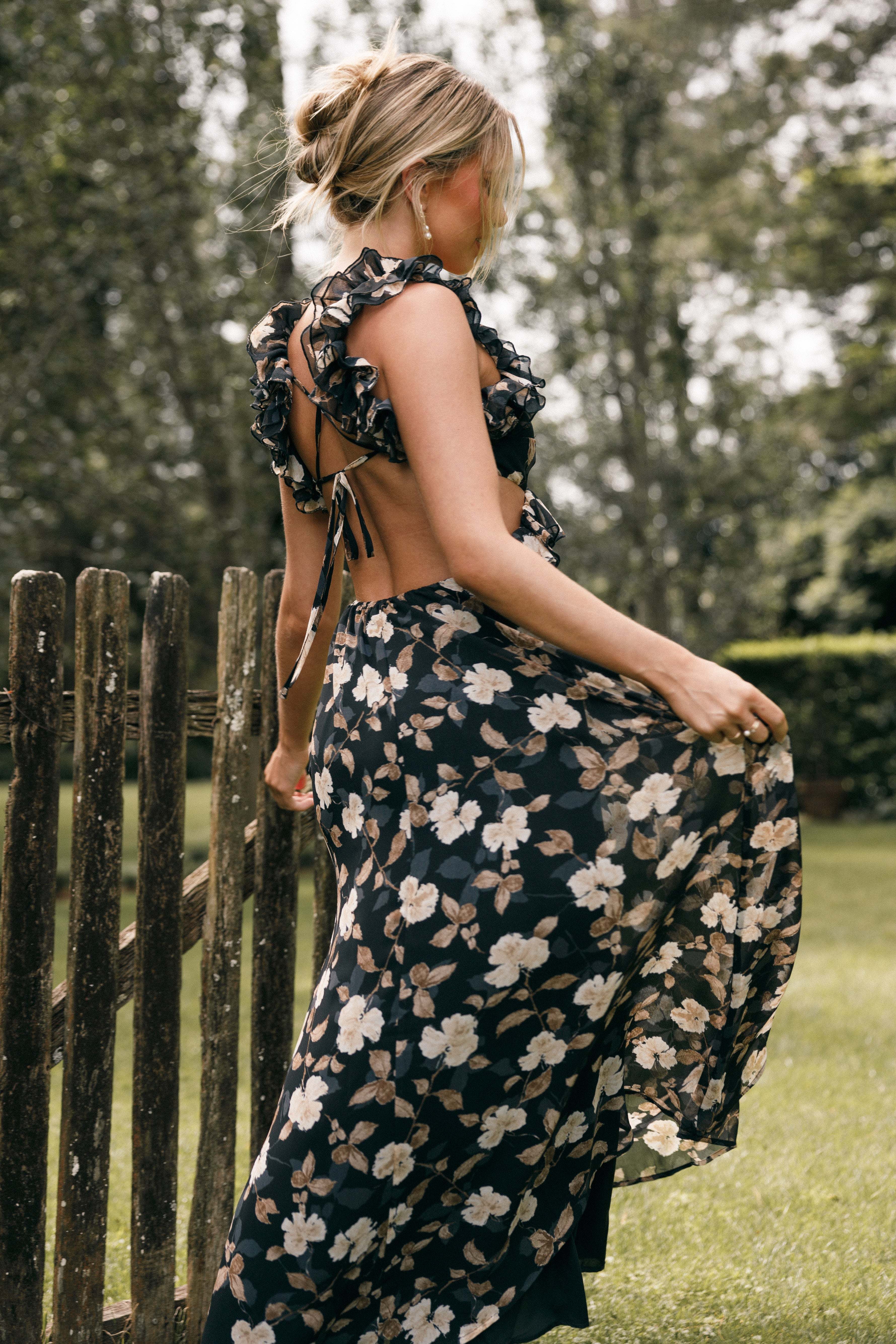 Lucah Frill Shoulder Maxi Dress - Black Floral - XL - Image 40