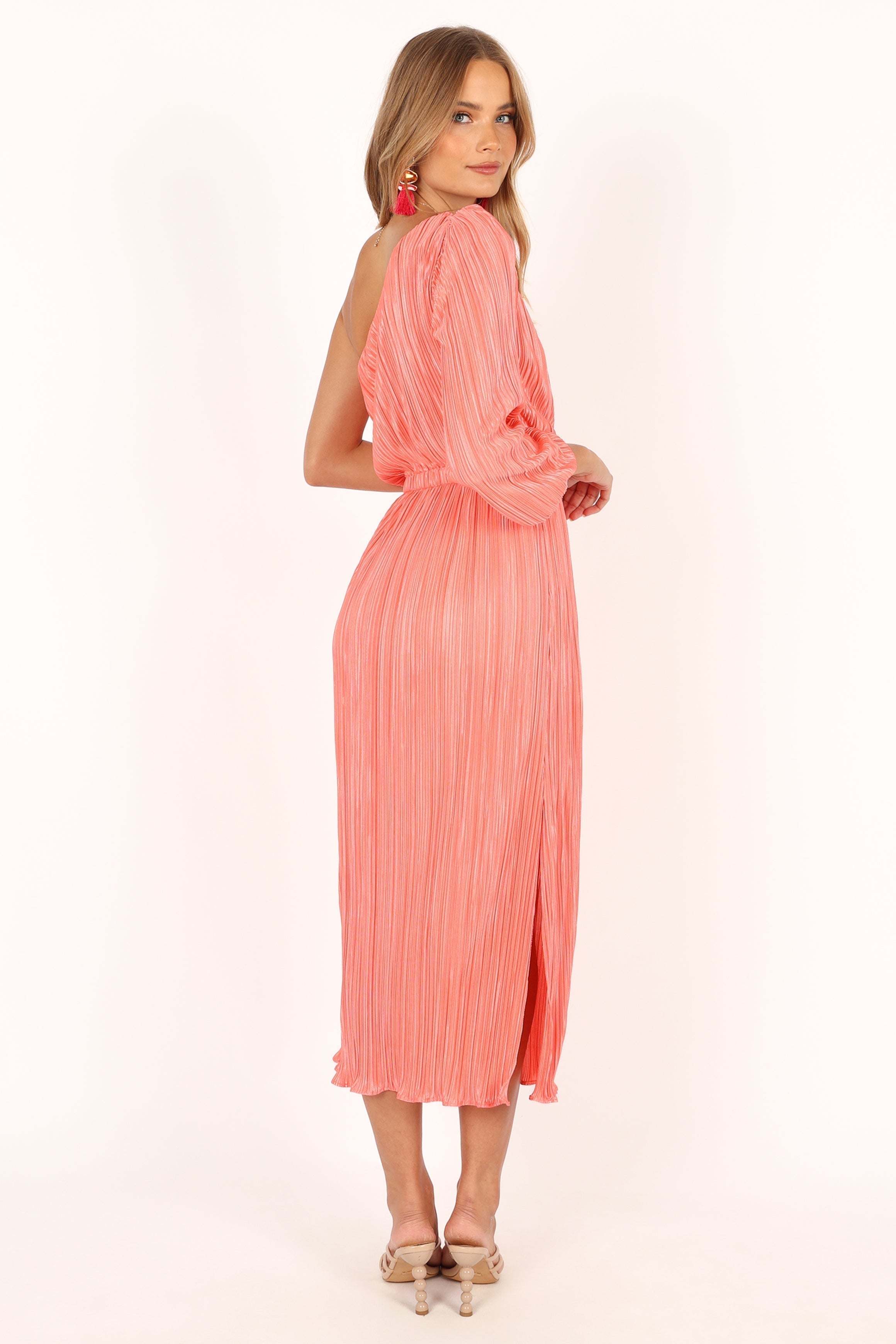 Pontee One Shoulder Pleated Midi Dress - Coral - XL - Image 36